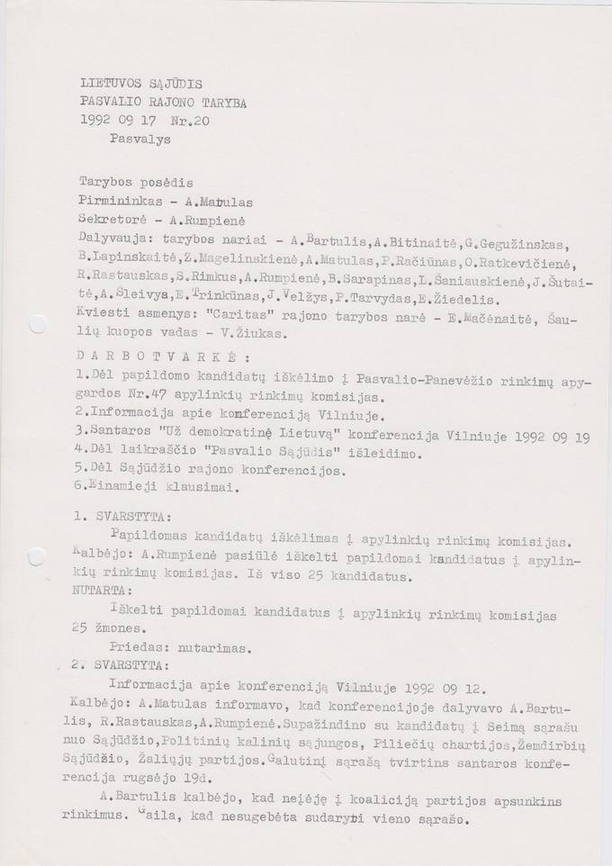 Lietuvos Sajūdžio Pasvalio rajono Tarybos 1992 m. rugsėjo 17 d. posėdžio PROTOKOLAS Nr. 20